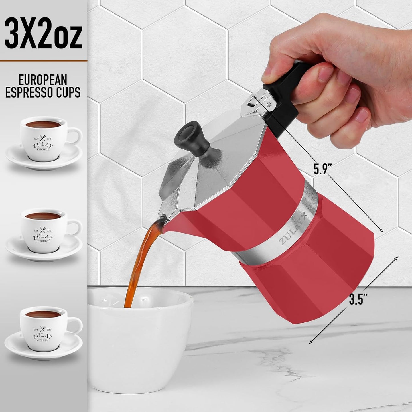 Zulay Moka Pot Espresso Stovetop Coffee Maker - Leak-Proof, Stainless Steel, Easy to Clean, Heat Resistant Handle & Knob - for Authentic Cuban & Italian Style Espresso - Makes 3 Espresso Cups - Red