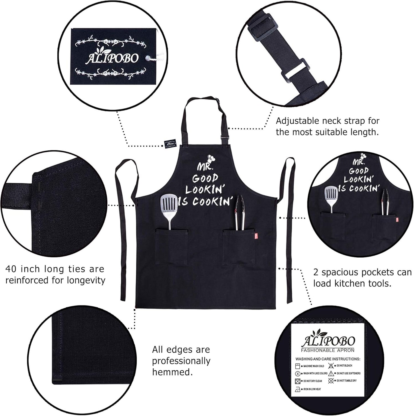 Kitchen Chef Apron - MR. GOOD LOOKIN' IS COOKIN' Funny Aprons for Men Dad - Adjustable Bib Apron with 2 Pockets and 40" Long Ties, Perfect for Cooking, Grilling, BBQ, Baking - Black