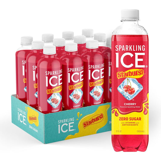 Sparkling Ice STARBURST Cherry, Zero Sugar Flavored Sparkling Water, with Vitamins and Antioxidants, Low Calorie Beverage, 17 fl oz Bottles (Pack of 12)