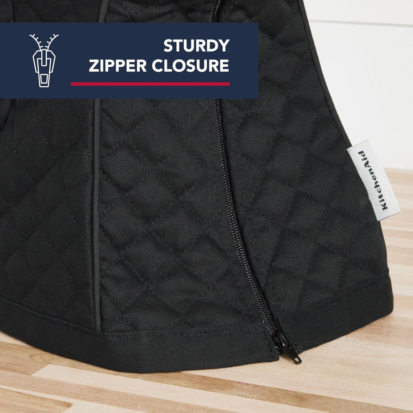 KITCHENAID Fitted Tilt-Head Solid Stand Mixer Cover with Storage Pocket, Quilted 100% Cotton, Matte Black, 14.4"x18"x10", NEW AND IMPROVED FIT