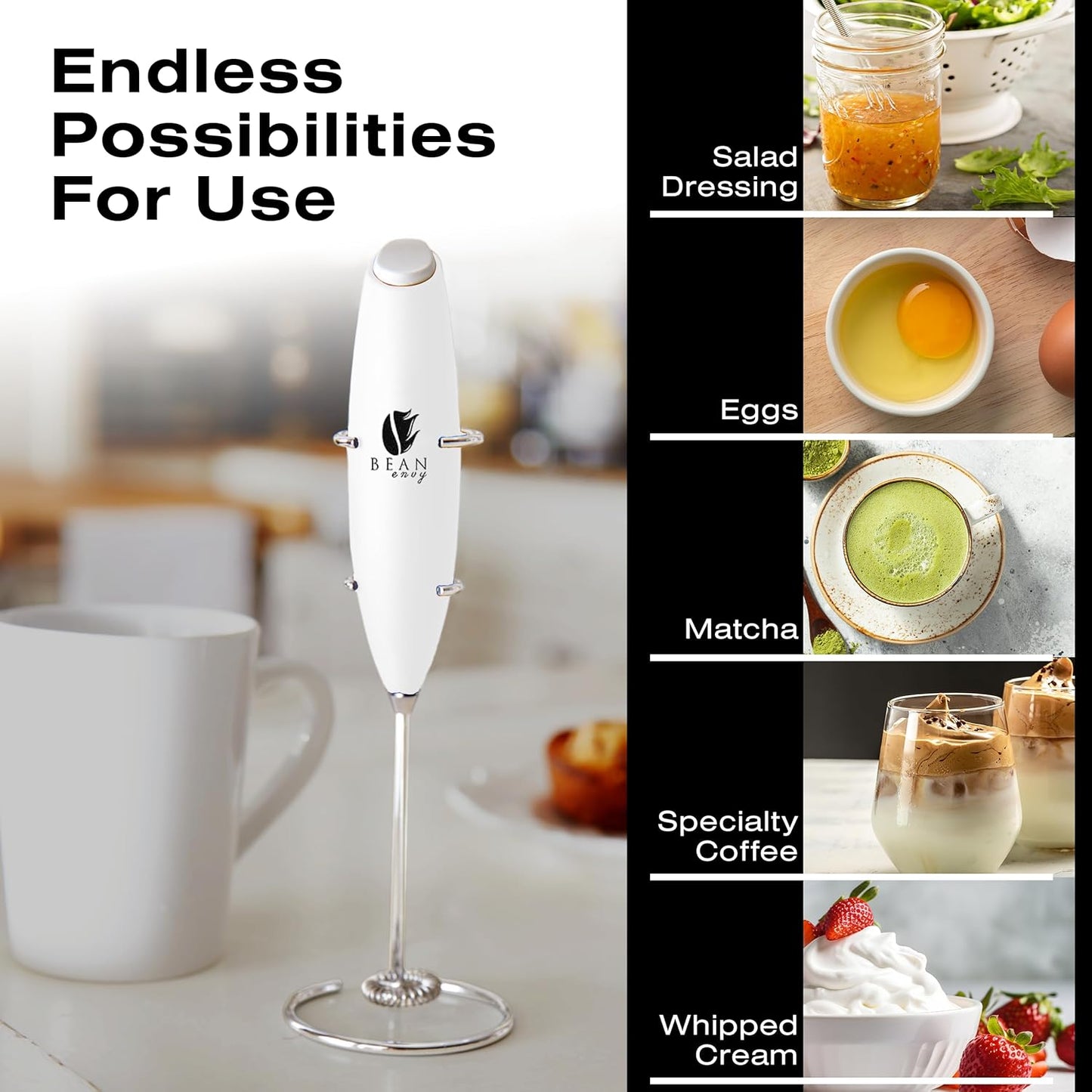 Bean Envy Milk Frother, Coffee Stirrers, Frother Wand, Milk Frother Handheld, Frother with stand, Hand Blender for Coffee, Lattes, Cappuccino, Matcha and Hot Chocolate – Kitchen Gifts - White