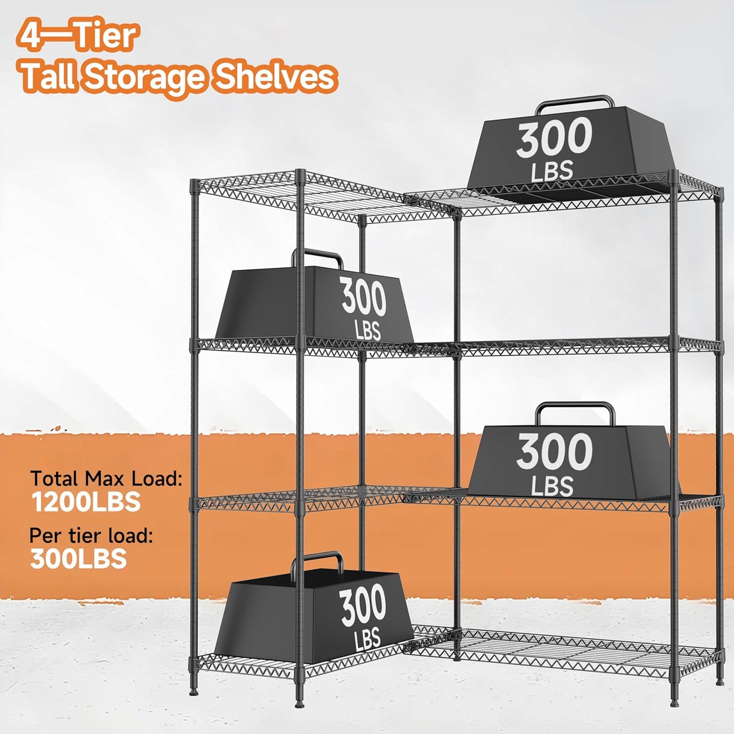 4 Tiers Storage Shelves Load 1200LBS, Metal Shelving Wire Metal Shelving Unit Shelves for Storage Adjustable Garage Shelving for Pantry Kitchen Garage Black 15.8" D x 33.5" W x 59.5" H