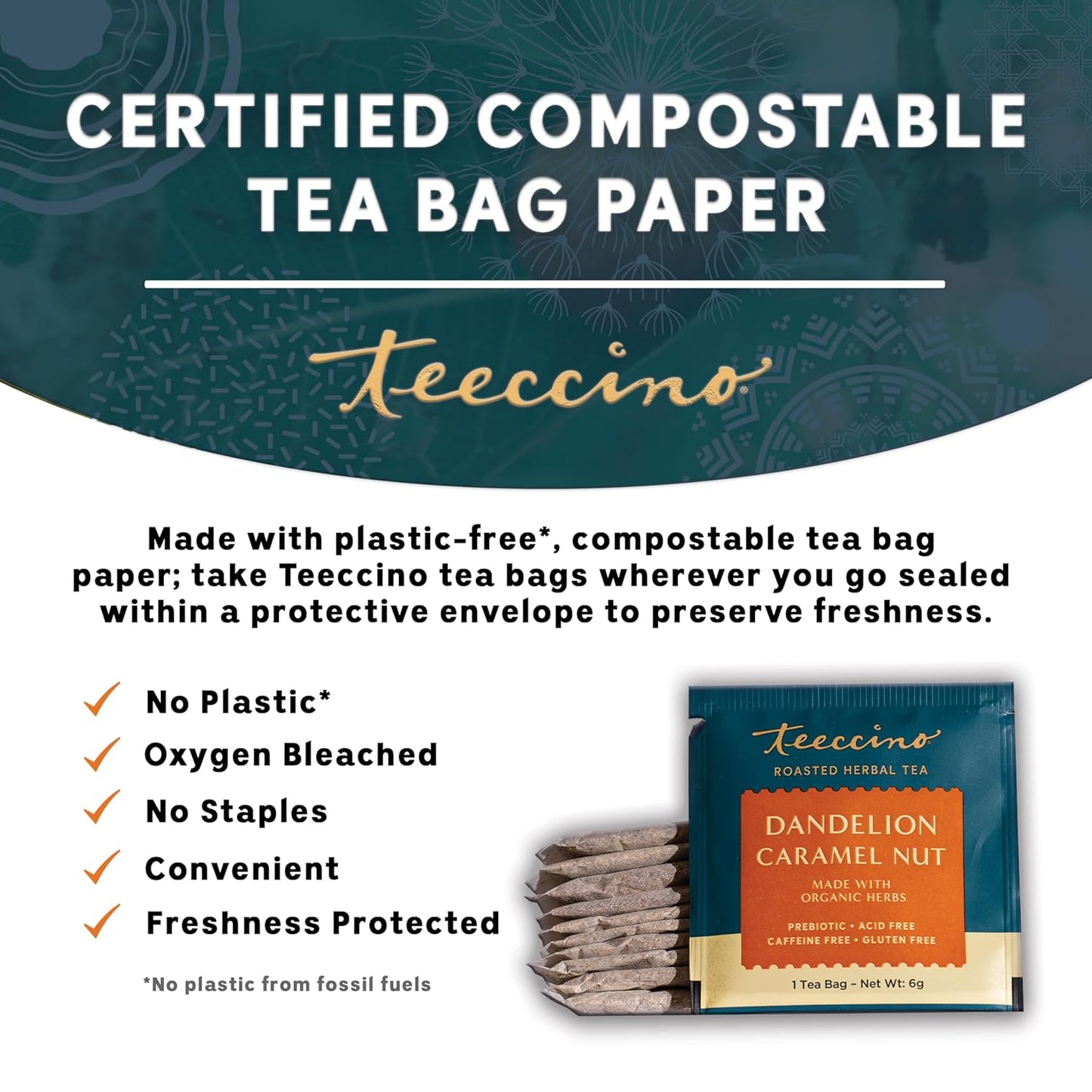 Teeccino Dandelion Caramel Nut Tea - Caffeine Free, Roasted Herbal Tea with Prebiotics, 3x More Herbs than Regular Tea Bags, Gluten Free - 25 Tea Bags (Pack of 3)