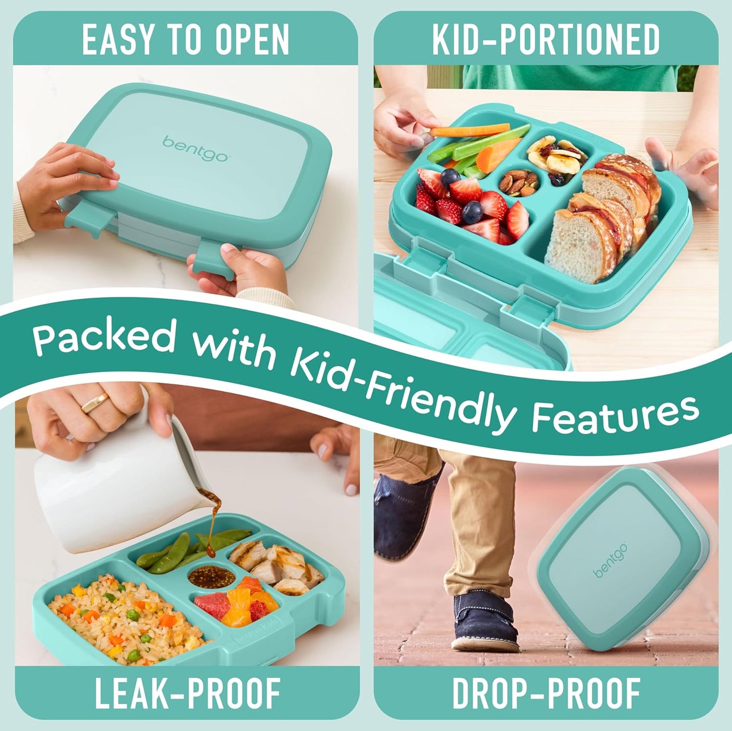 Bentgo Kids Bento-Style 5-Compartment Leak-Proof Lunch Box - Ideal Portion Sizes for Ages 3 to 7 - Durable, Drop-Proof, Dishwasher Safe, PFAS & BPA-Free & Made with Food-Safe Materials (Seafoam)
