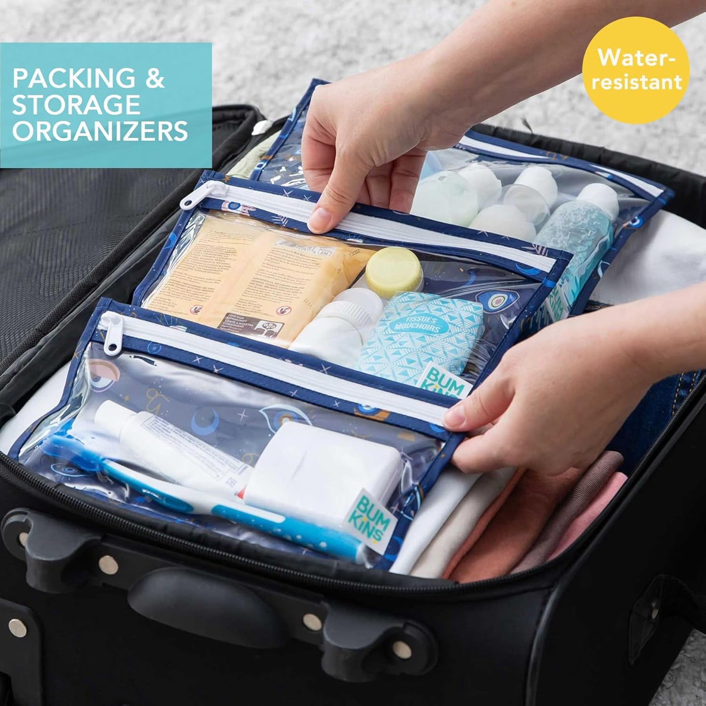 Bumkins Travel Bag, Toiletry, TSA Approved Pouch, Zip Bag, Quart Size Airline Compliant, Clear-Sided, Baby, Diaper Bag Organization, Makeup, Accessories, Carry On Packing, Set of 3 Sizes, Evil Eye