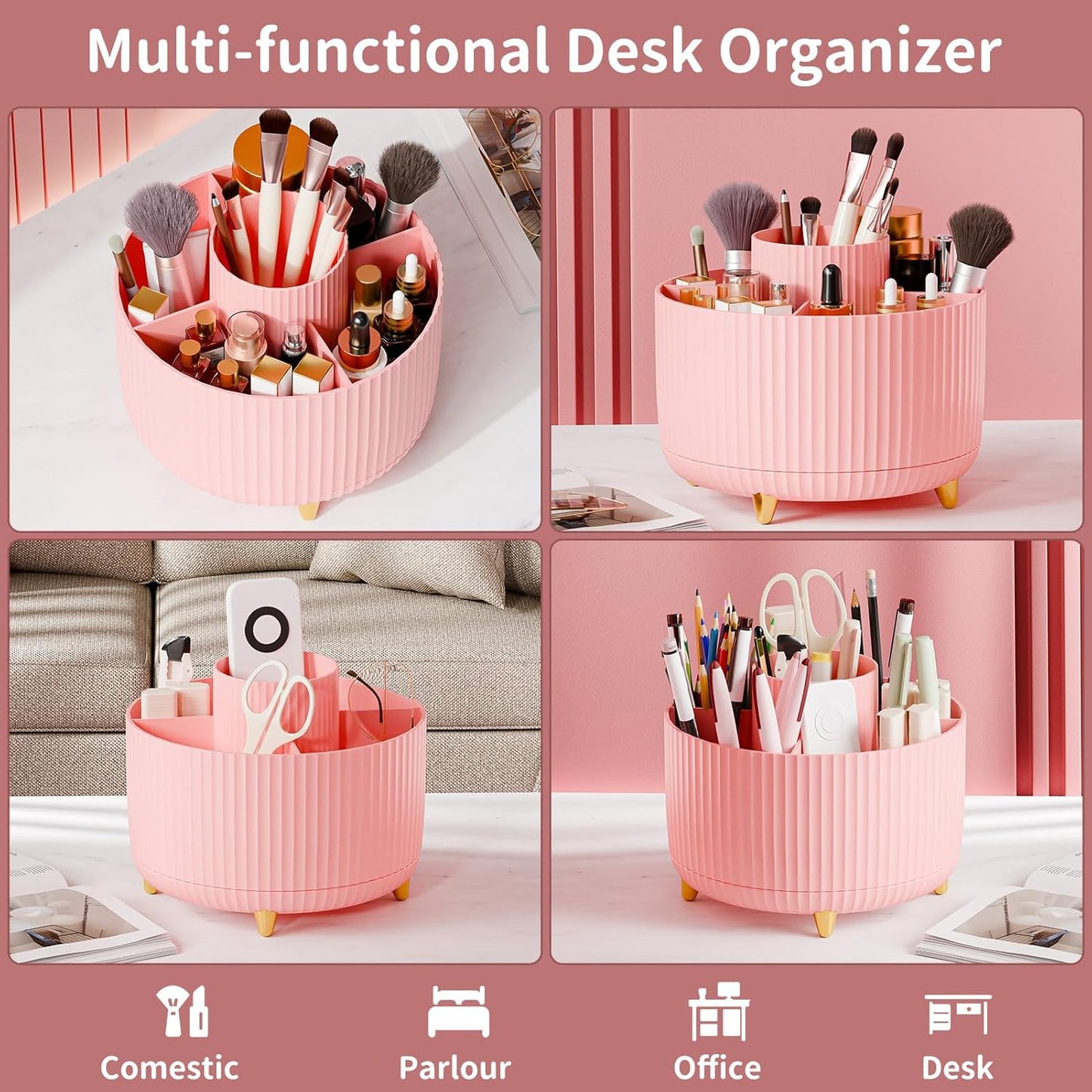360° Rotate Makeup Brush Holder Organizer, Makeup Organizers Countertop, Makeup organization and Skincare Storage for Vanity, Desktop, Bathroom (Pink)
