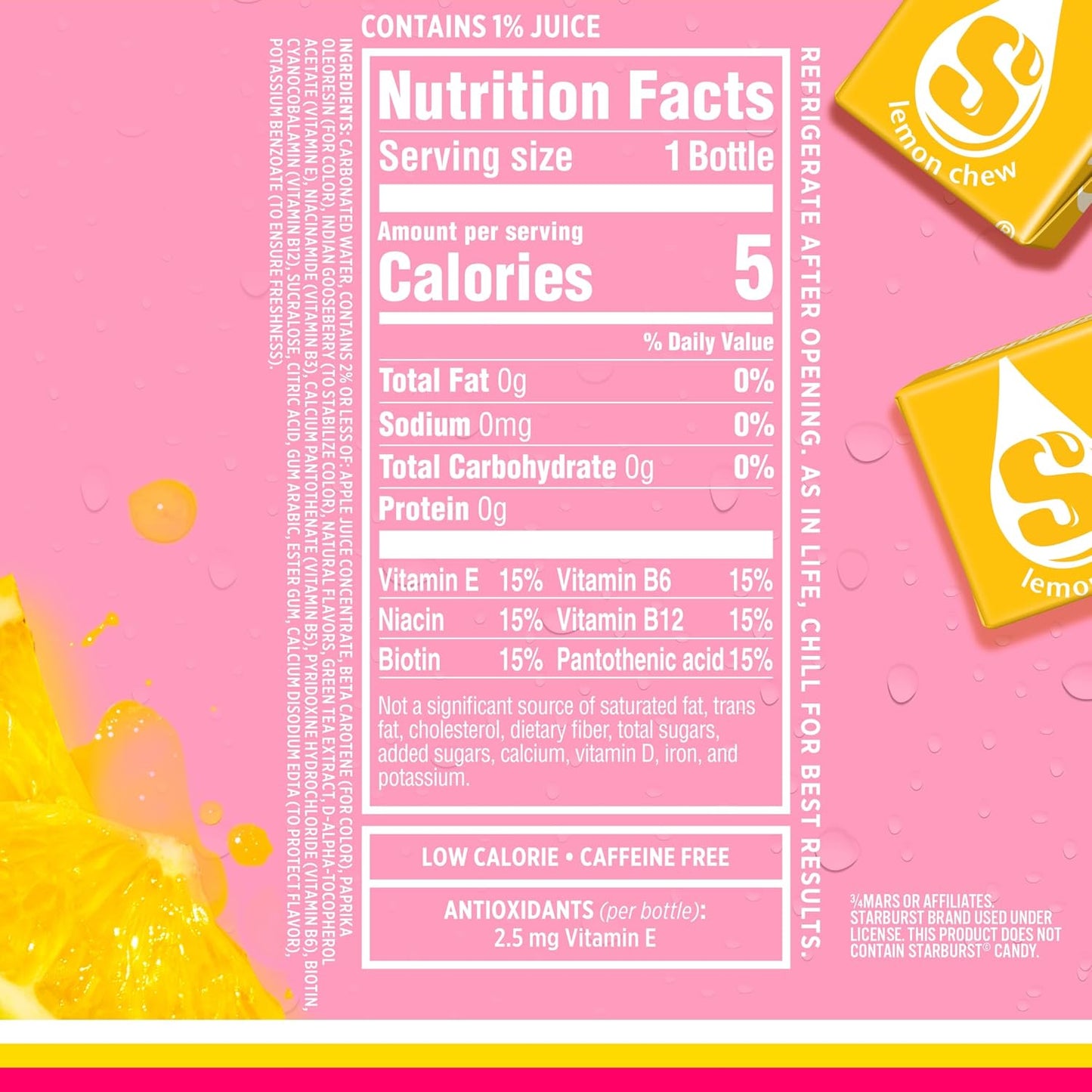 Sparkling Ice STARBURST Lemon, Zero Sugar Flavored Sparkling Water, with Vitamins and Antioxidants, Low Calorie Beverage, 17 fl oz Bottles (Pack of 12)