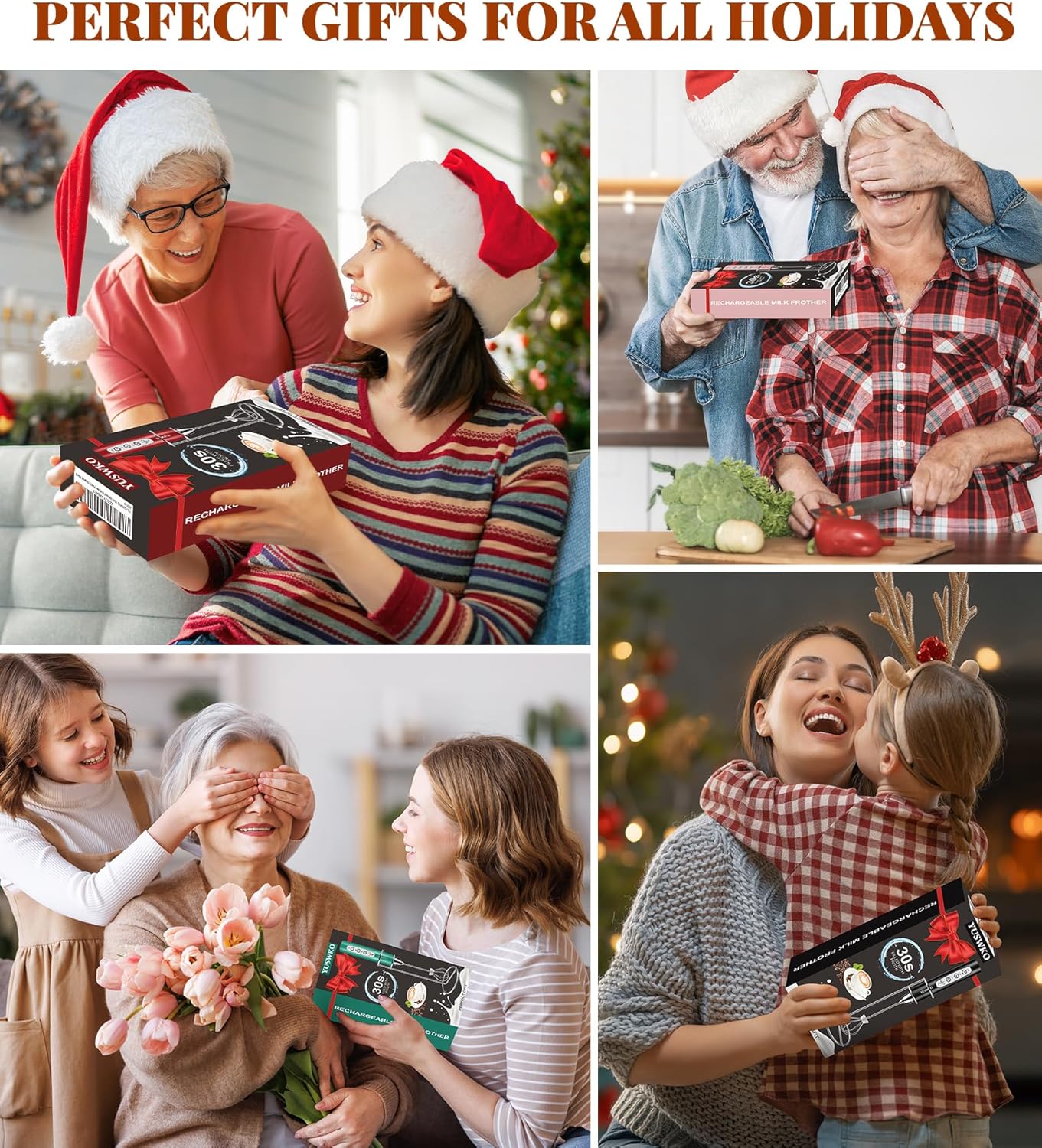 YUSWKO Milk Frother Handheld for Coffee with Stand, Rechargeable Drink Mixer with 3 Heads 3 Speeds Electric Coffee Frother Whisk, Gift for Many Occasions and Festival