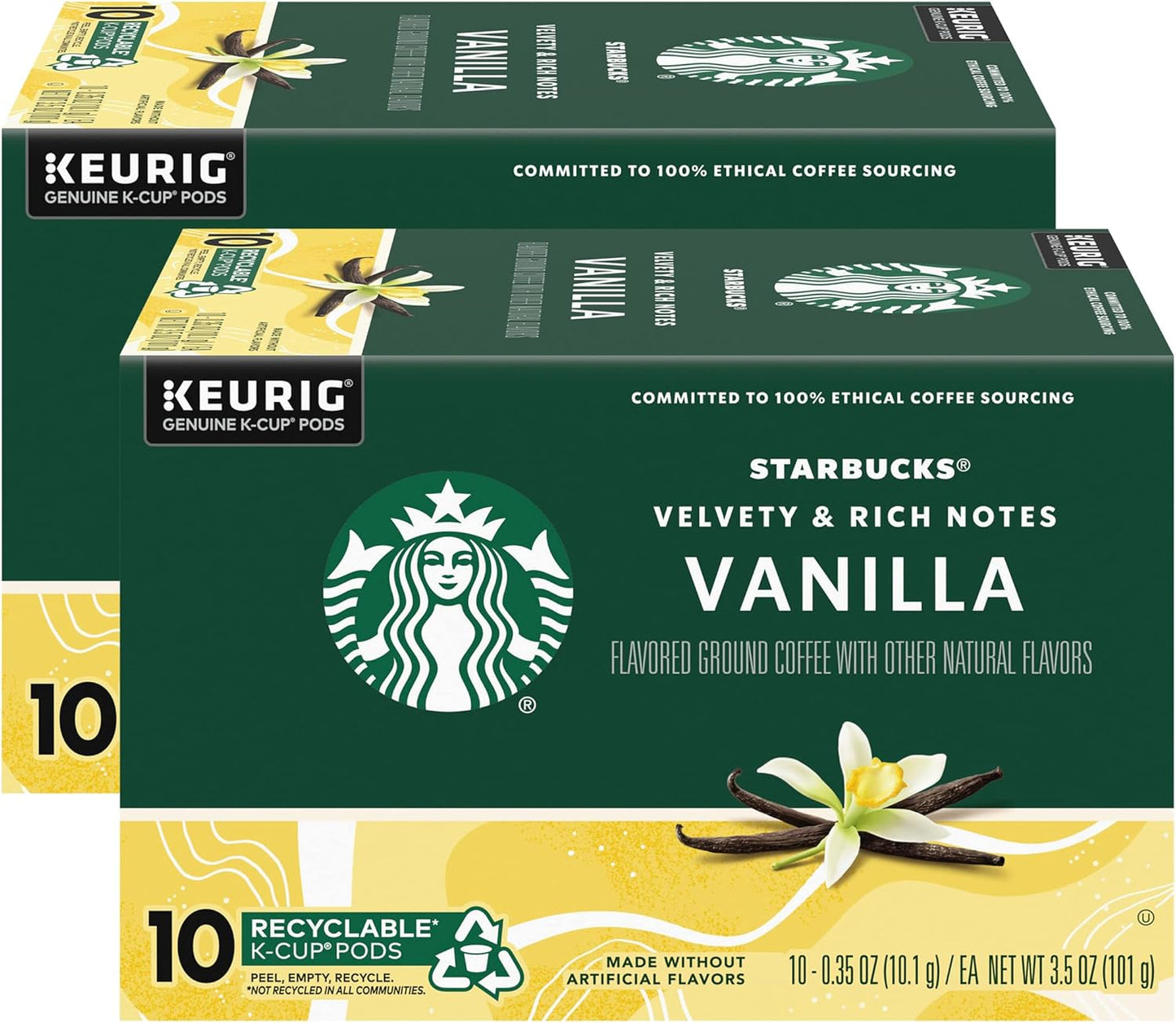 Starbucks Flavored Coffee K-Cup Pods, Vanilla Flavored Coffee, Made without Artificial Flavors, Keurig Genuine K-Cup Pods, 10 CT K-Cups/Box (Pack of 2 Boxes)
