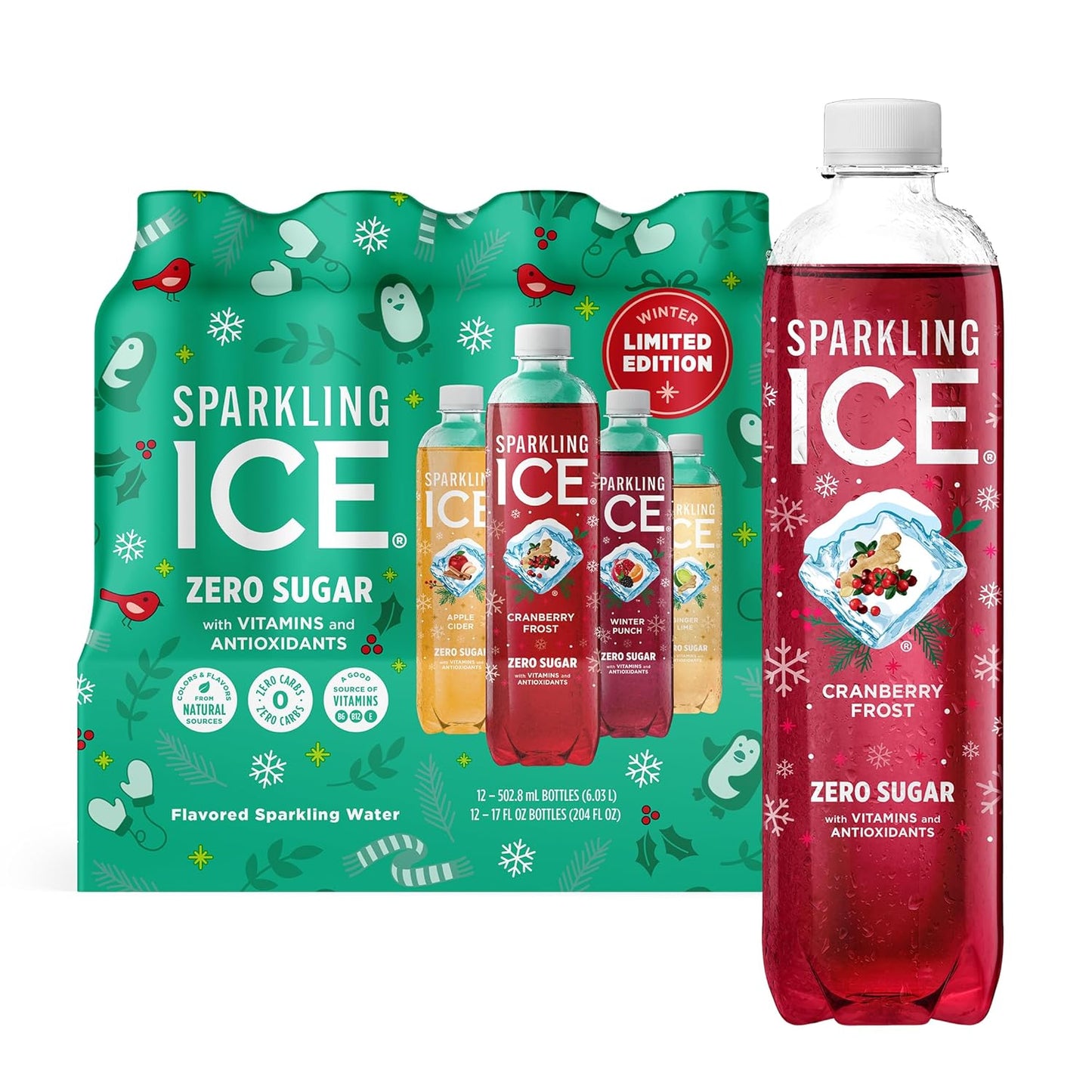 Sparkling Ice, Winter Variety Pack, Flavored Sparkling Water, Zero Sugar, with Vitamins and Antioxidants, 17 fl oz, 12 count (Cranberry Frost, Winter Punch, Apple Cider and Ginger Lime)