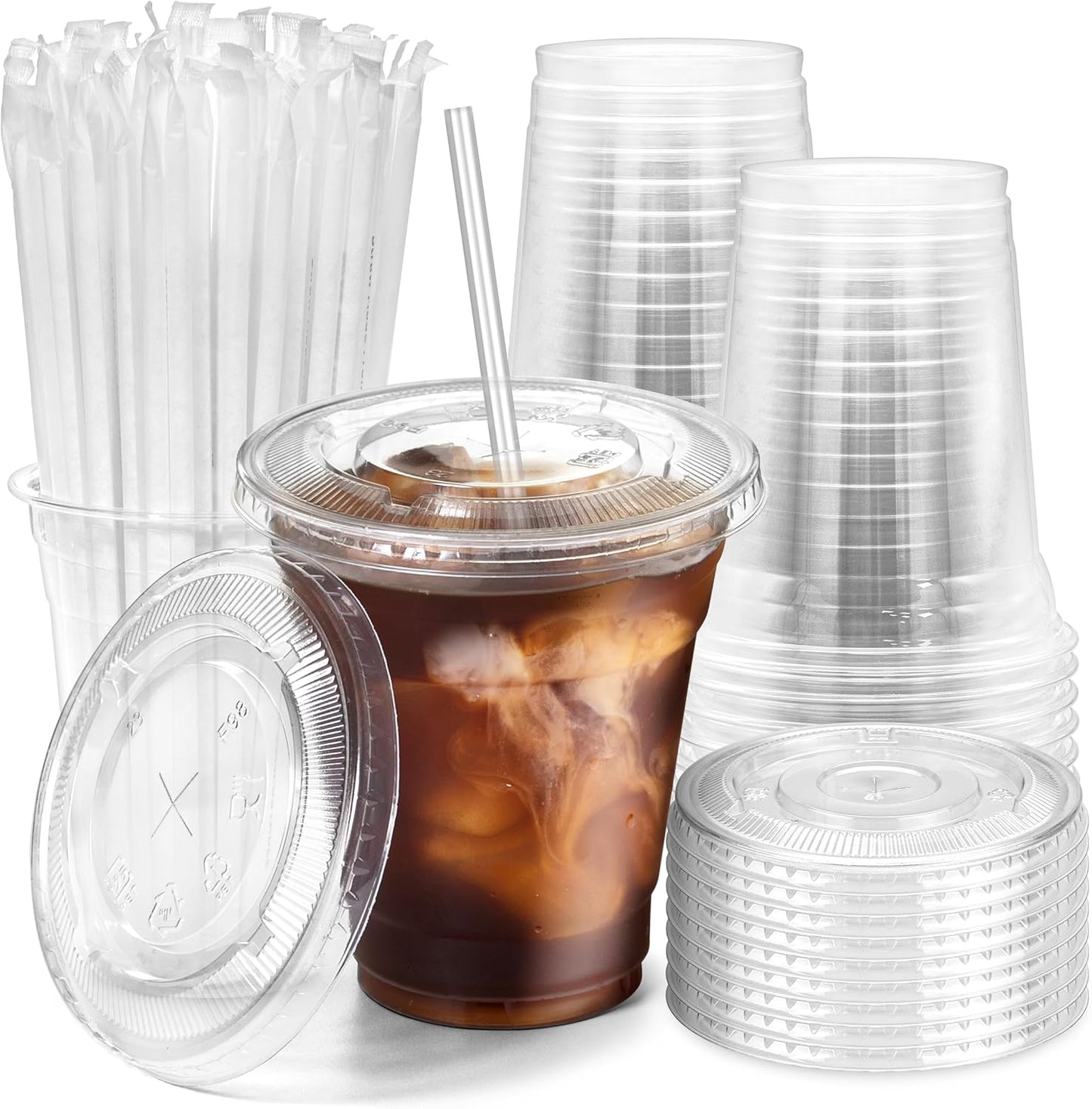 Fit Meal Prep 100 Pack 12 oz Plastic Iced Coffee Cups with Flat Lids and Clear Straws, Disposable Clear Cup, BPA Free Cup for Party, Smoothie, Cold Drinks, Juice, Milkshake, Bubble Boba, Tea