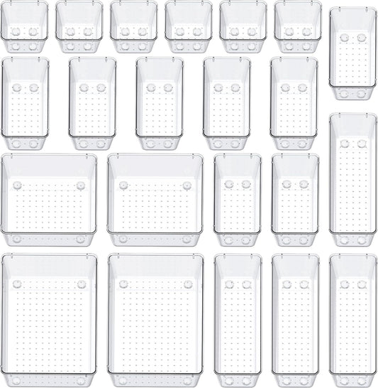 SMARTAKE 22-Piece Drawer Organizer with Non-Slip Silicone Pads, 5-Size Clear Desk Drawer Organizer Trays Storage Tray for Makeup, Jewelries, Utensils in Bedroom Dresser, Office and Kitchen, Clear