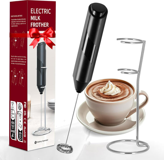 YSSOA Electric Milk Frother Handheld with Stainless Steel Stand Battery Operated Whisk Drink Mixer for Coffee, Frappe, Latte, Matcha, Black (Handheld, Black)