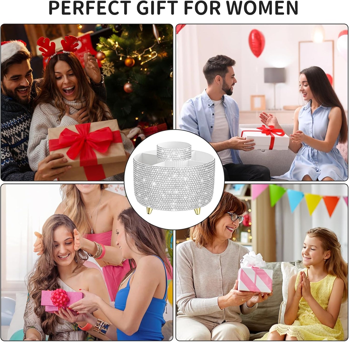 Bling 360° Rotate Makeup Brush Holder Organizer, Makeup Organizers Countertop, Makeup organization and Skincare Storage for Vanity, Gift for Women Girls (Bling dz-White)