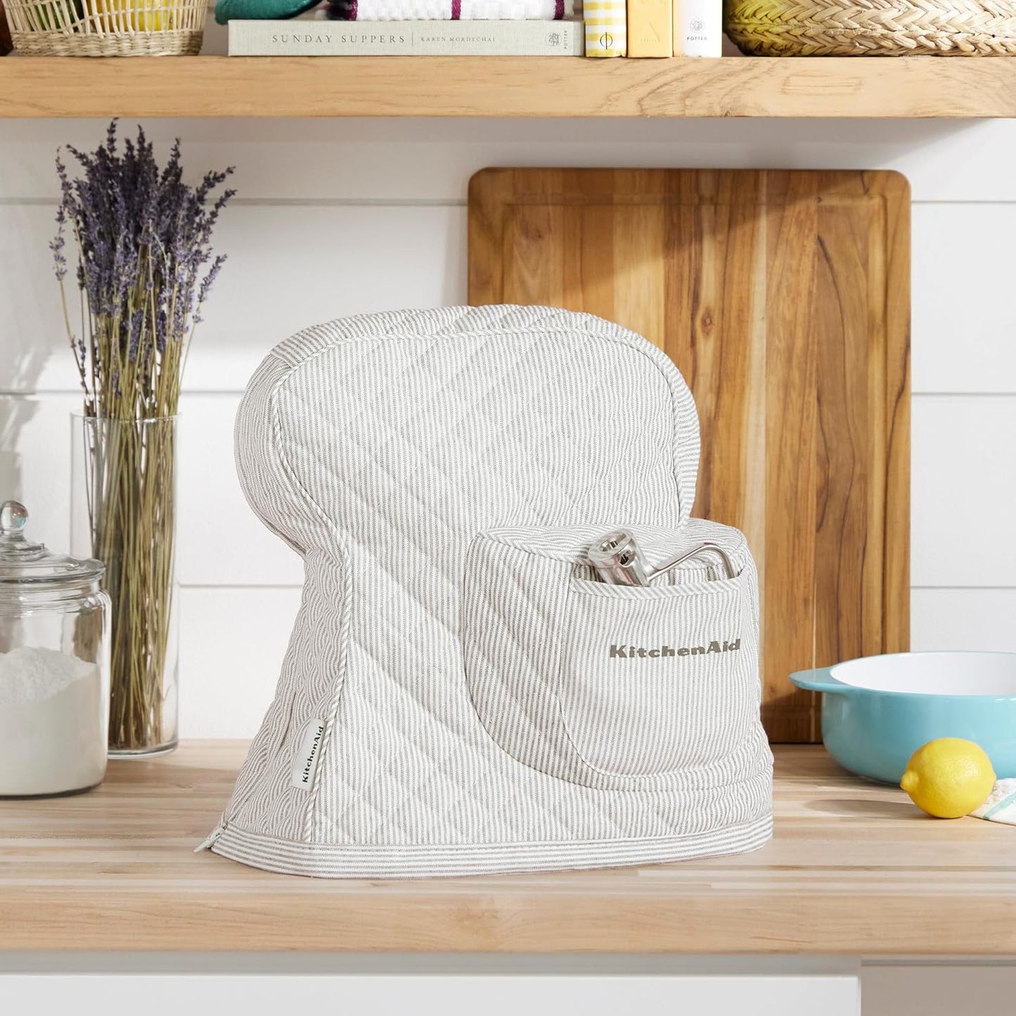 KITCHENAID Fitted Tilt-Head Stand Mixer Cover with Storage Pocket, Quilted 100% Cotton,14.4"x18"x10", Ticking Stripe Charcoal Grey