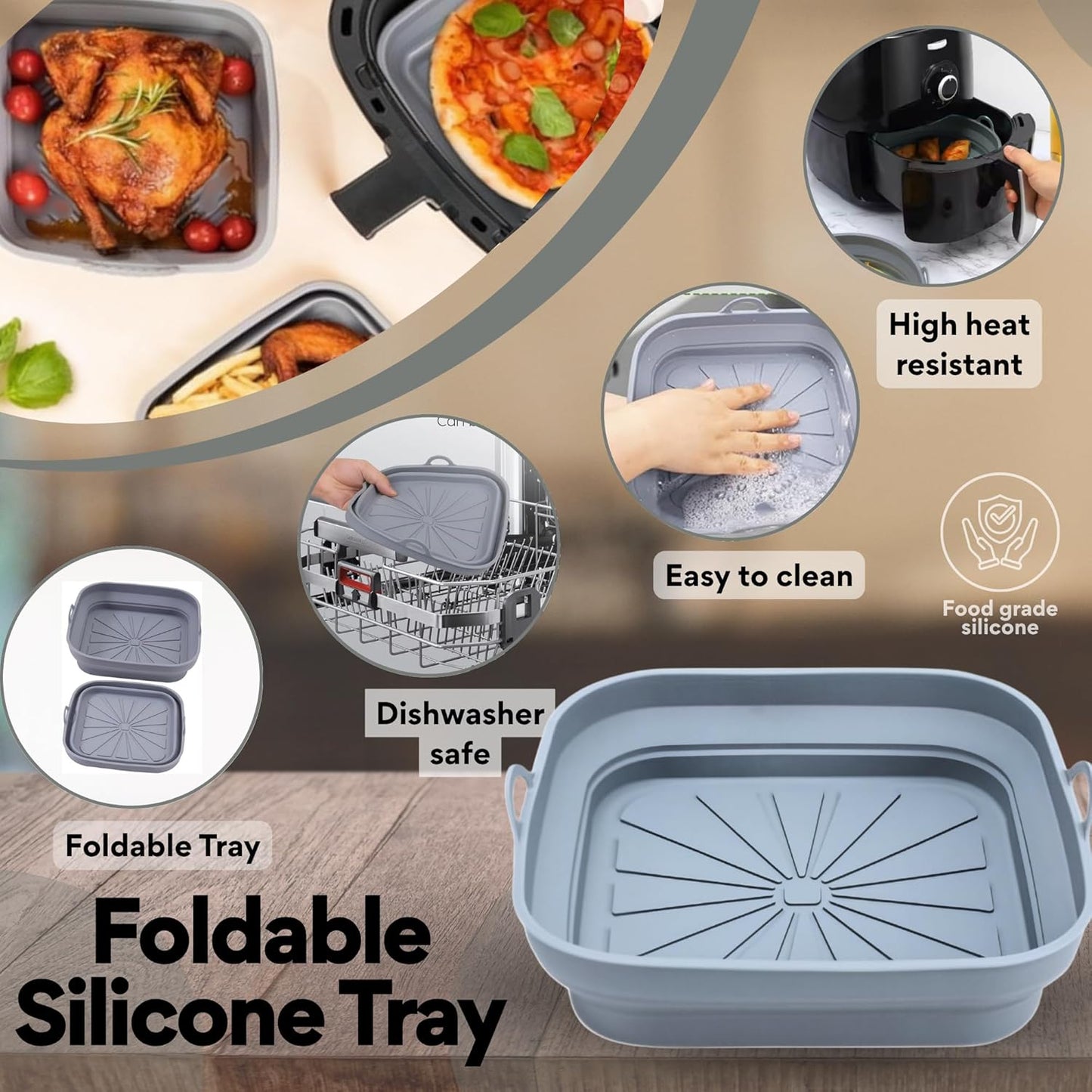 SAMIA 4PCs Reusable Silicone Air Fryer Liners Set - 8'' Collapsible Air fryer Liners with Cooking Tong & Basting Brush - BPA Free, Non-Stick, Food Safe Silicone Air Fryer Accessories