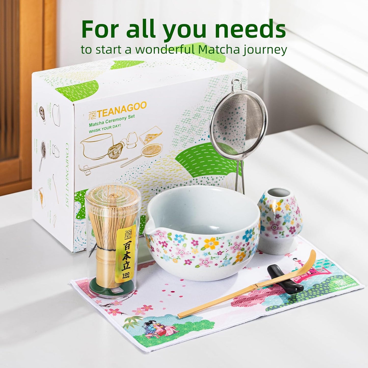 TEANAGOO Matcha Whisk Set,7 Pcs Matcha Set White,Ceremony Matcha Kit,Matcha Tea Set for Making Latte,Ceramic Bowl(chawan) whith Spout and Whisk,Gift for Matcha Lovers