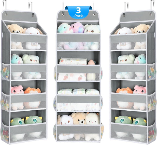Yecaye 3 Pack Over the Door Organizer, 35.2lbs Load Toy Stuffed Animal Storage, Swing-proof Hanging Bathroom Organizers and Storage for Nursery Newborn Baby Essential Stuff Dorm Room Essentials Grey