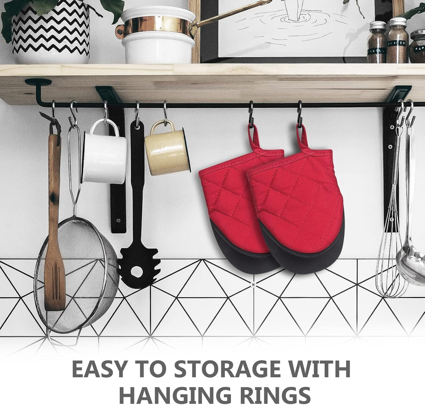 1 Pair Short Oven Mitts, Heat Resistant Silicone Kitchen Mini Oven Mitts for 500 Degrees, Non-Slip Grip Surfaces and Hanging Loop Gloves, Baking Grilling Barbecue Microwave Machine Washable