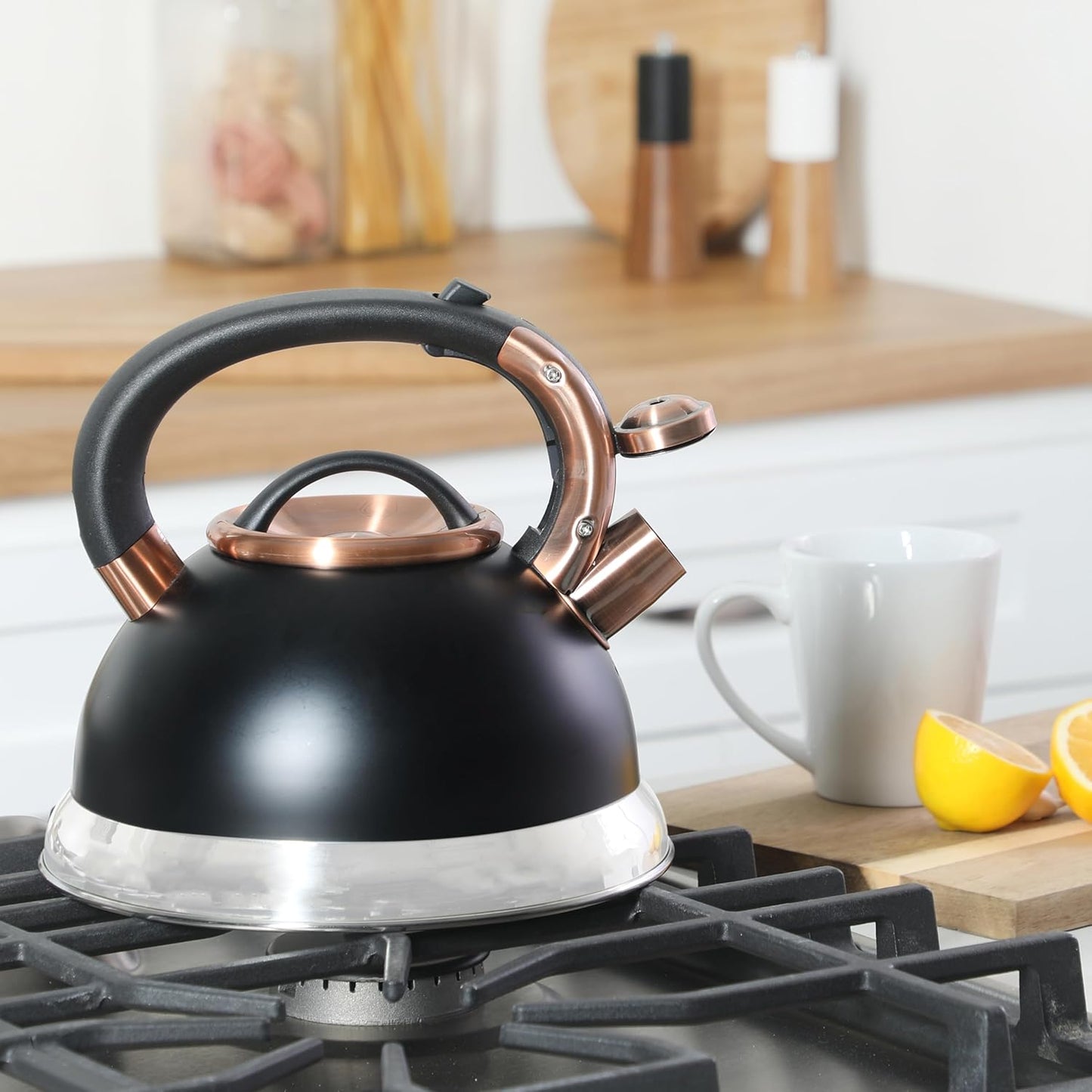 Mr. Coffee Flintshire 2.2 Quart Large Whistling Stainless Steel Tea Kettle, Matte Black with Copper Accent, Stovetop Fast-Boil Tea Pot