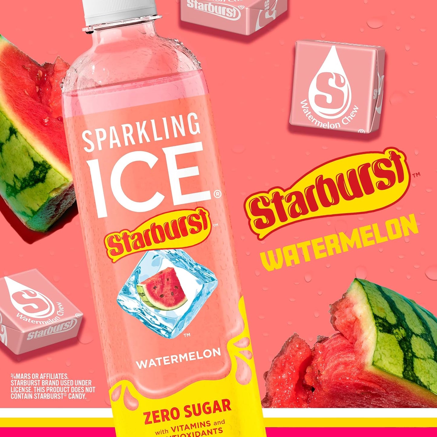 Sparkling Ice STARBURST Watermelon, Zero Sugar Flavored Sparkling Water, with Vitamins and Antioxidants, Low Calorie Beverage, 17 fl oz Bottles (Pack of 12)
