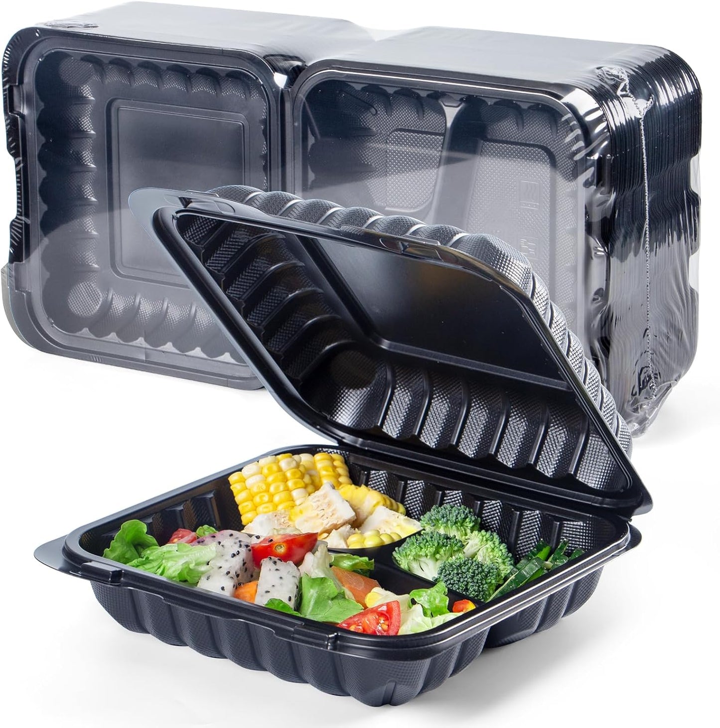 YANGRUI Disposable Containers 7.8" 30 oz 65 Pack - Shrink Wrap BPA Free Mineral Filled PP Plastic Food Container | 3 Compartment Freezer & Microwave Safe | Black Heavy Duty Clamshell Takeout Boxes