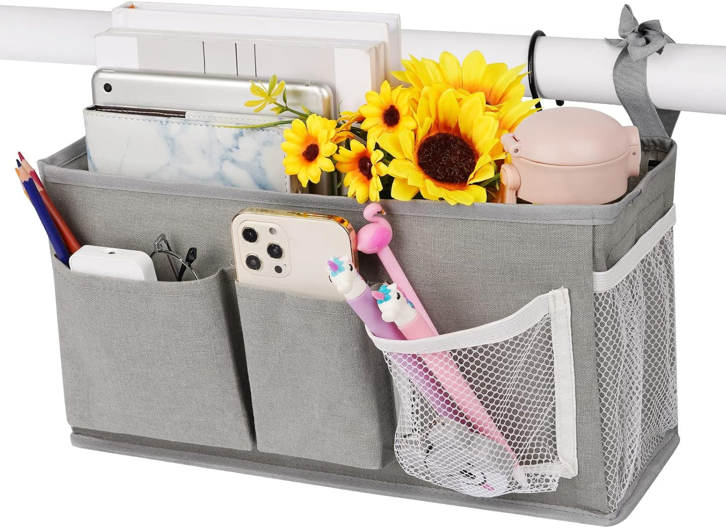 Loghot Bedside Caddy/Bedside Storage Bag Hanging Organizer for Bunk and Hospital Beds,Dorm Rooms Bed Rails,Can be Placed Glasses,Books,Mobile Phones,Keys (New Grey-1)