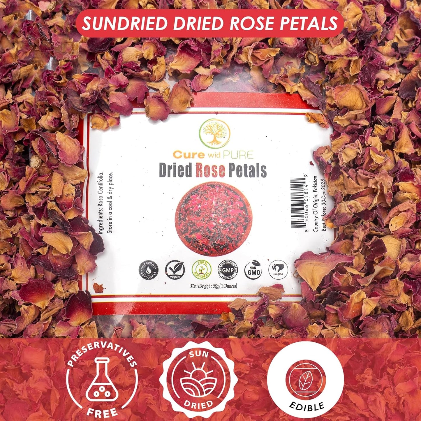 Cure Wid Pure Certified Organic Dried Rose Petals 1oz Food-Grade Edible Rose Petals for Tea,Cocktails,Baking,Skincare & DIY - Sun-Dried,Non-GMO,Gluten & Chemical-Free Edible Flowers in Resealable Bag