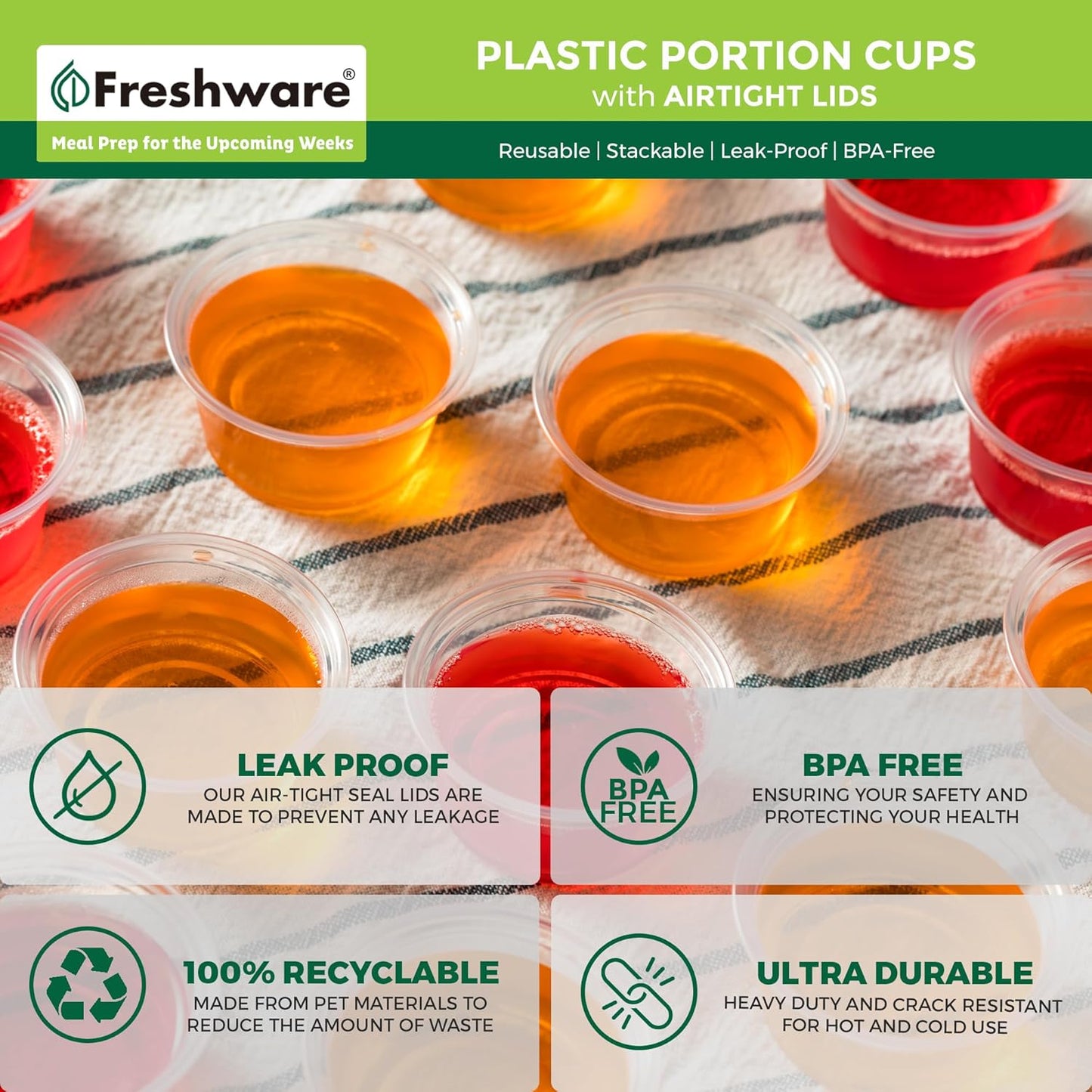 Freshware Plastic Portion Cups with Lids [1 Ounce, 100 Sets] Disposable Plastic Cups for Meal Prep, Salad Dressing, Jellos Shot Cups, Souffle Cups, Condiment and Dipping Sauce Cups