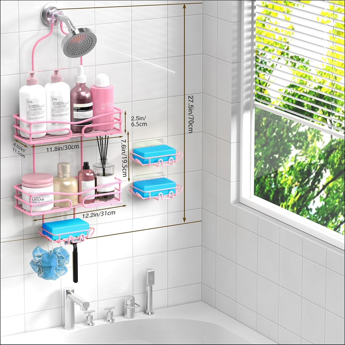 Over the Shower Head Caddy Pink - Shower Caddy Hanging with 3 Soap Holders, Stainless Steel Bathroom Organizer and Storage, Rustproof