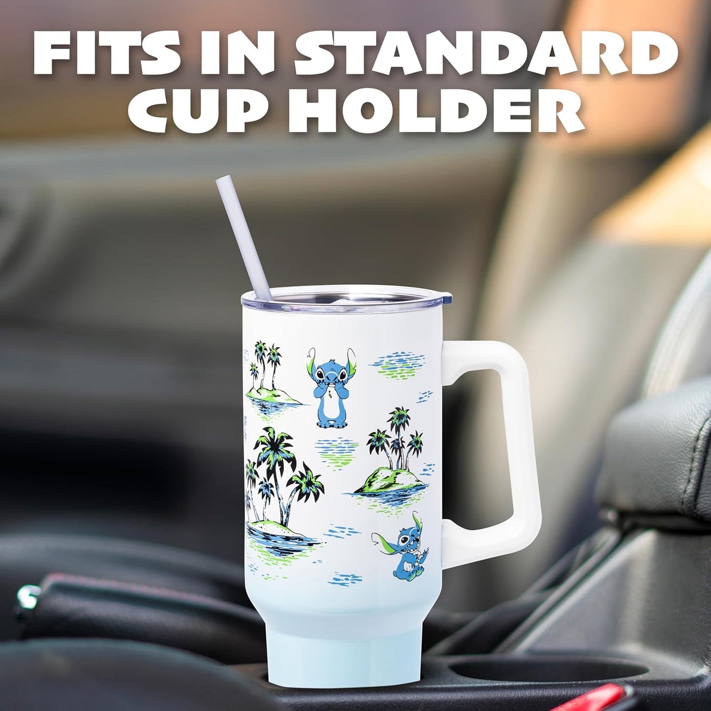 Silver Buffalo Disney Lilo and Stitch Vintage Sketch Palm Trees and Flowers Stainless Steel Tumbler with Handle and Straw, Fits in Standard Cup Holder, 40 Ounces
