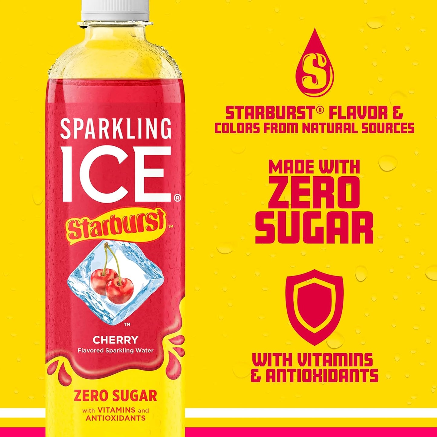 Sparkling Ice STARBURST Cherry, Zero Sugar Flavored Sparkling Water, with Vitamins and Antioxidants, Low Calorie Beverage, 17 fl oz Bottles (Pack of 12)