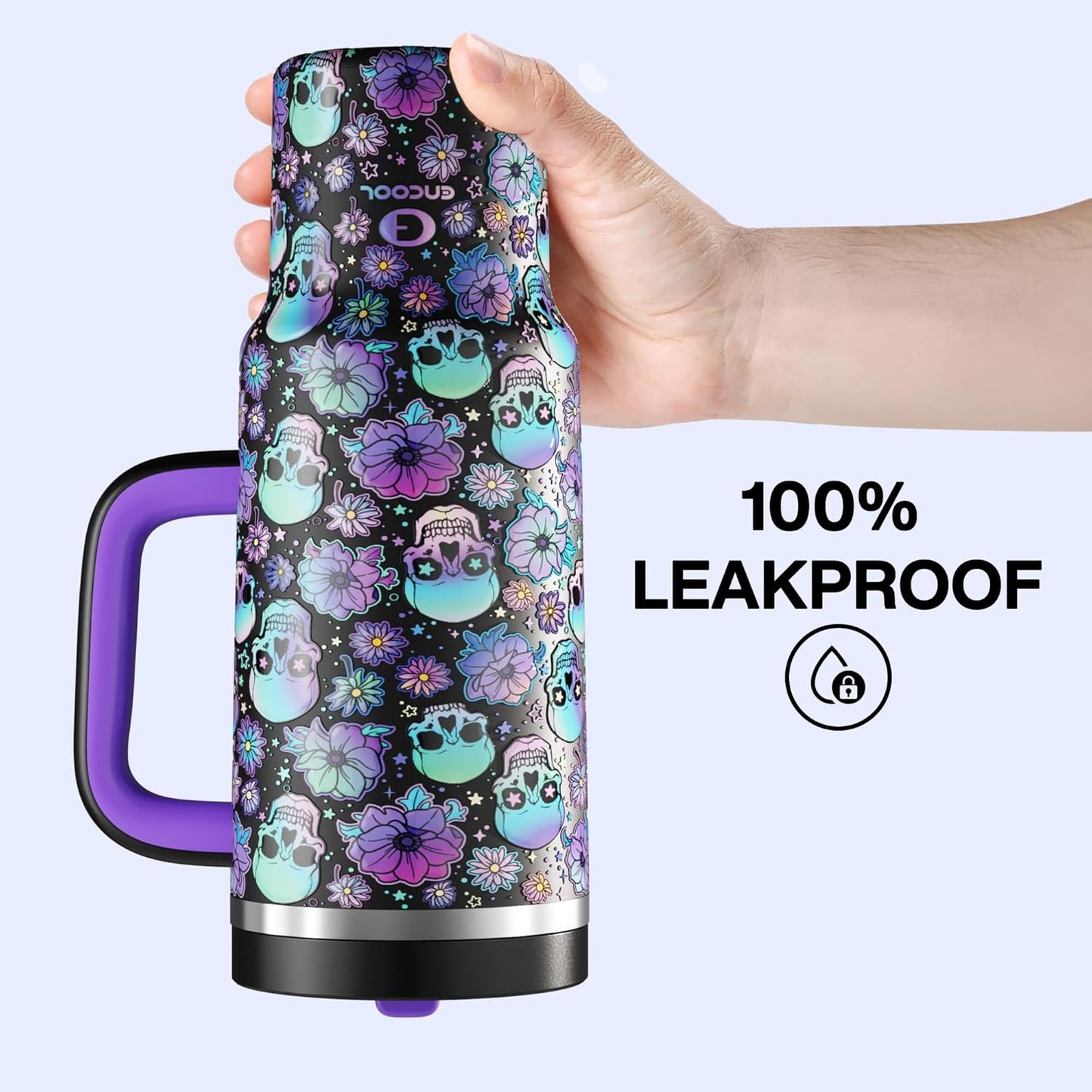 ENCOOL 40oz Halloween Tumbler with Handle and Straw, Stainless Steel Insulated Water Bottle with Straw, Leak-Proof, Cup Holder Friendly, Keeps Cold 24 H, Gifts for Women Men, Floral Afterlife