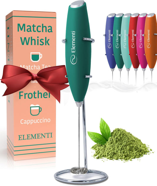 Elementi Matcha Whisk & Frother Set - Powerful Electric Matcha Mixer for Powder, Easy to Use Electric Whisk Kit - Craft Effortless Lattes with the Elementi Milk Frother Wand & Wisk (Emerald Green)