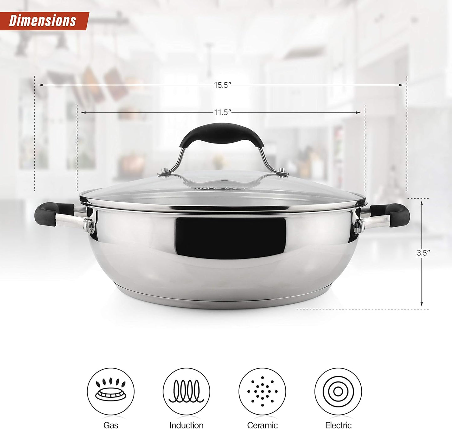 AVACRAFT 18/10 Stainless Steel Everyday Pan, Stir Fry, Five-Ply Base, Glass Lid, Multipurpose Stewpot Skillet, Saute, Casserole (11" Top Diameter, 8" Base Diameter)