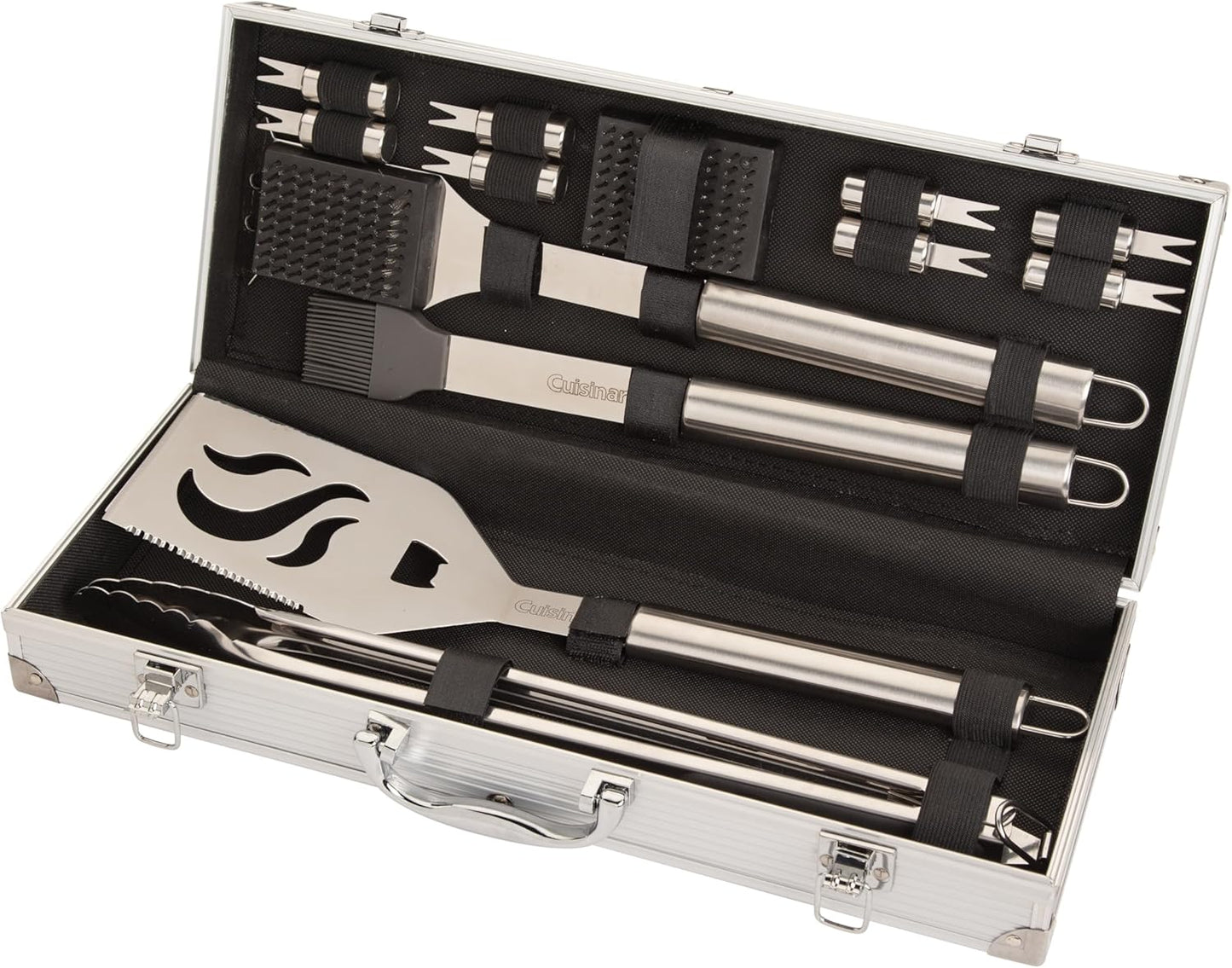 Cuisinart 14-Piece Deluxe Stainless Steel Grill Set, Grilling Accessories Kit with Spatula, Tongs, Corn Holders, Basting Brush, Cleaning Brush & Aluminum Carry Case, BBQ Tools for Outdoor Grill