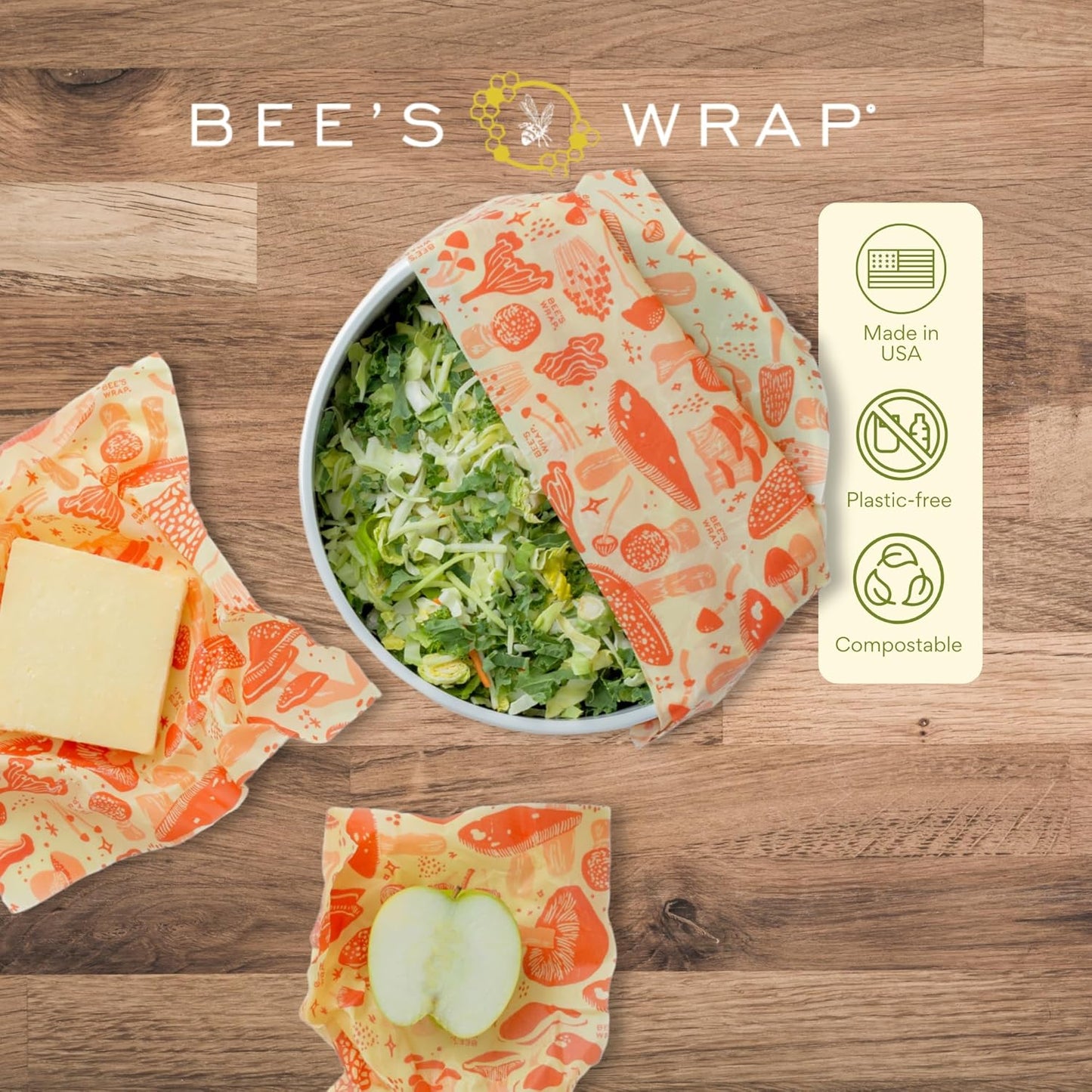 Bee's Wrap Beeswax Wraps for Food - Made in USA Reusable & Organic Food Wraps, Sandwich Wrap & Bowl Covers - Eco-Friendly Alternative to Aluminum Foil & Plastic Wrap, Mushroom Magic 3 Pack (S, M, L)