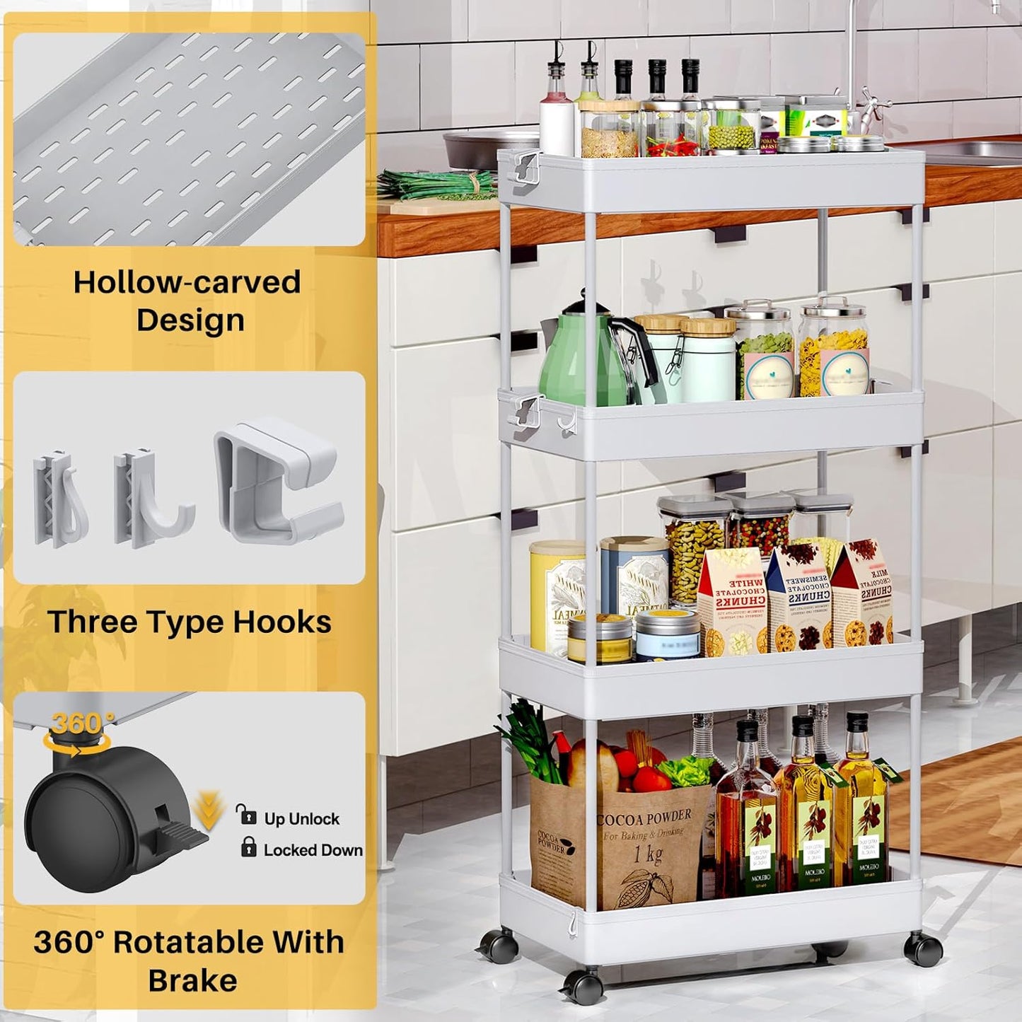 SPACEKEEPER Storage Cart, 4-Tier Mobile Shelving Unit, Bathroom Rolling Cart Utility Storage Organizer Shelf for Kitchen Living Room Bathroom Laundry Room & Dressers, Gray