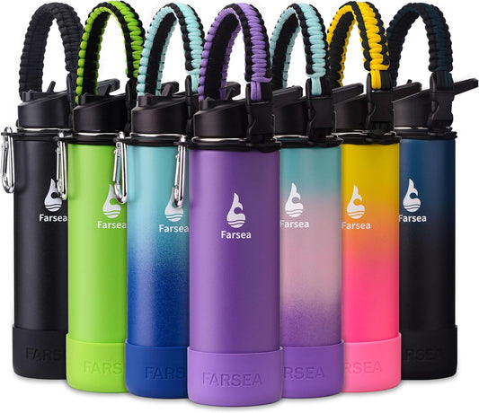 Farsea Insulated Water Bottle With Paracord Handle, Protective Boot and 2 Lids (Straw Lid & Spout Lid), Stainless Steel Water Bottle Wide Mouth, Double Wall Sweat-Proof BPA-Free, 24 oz