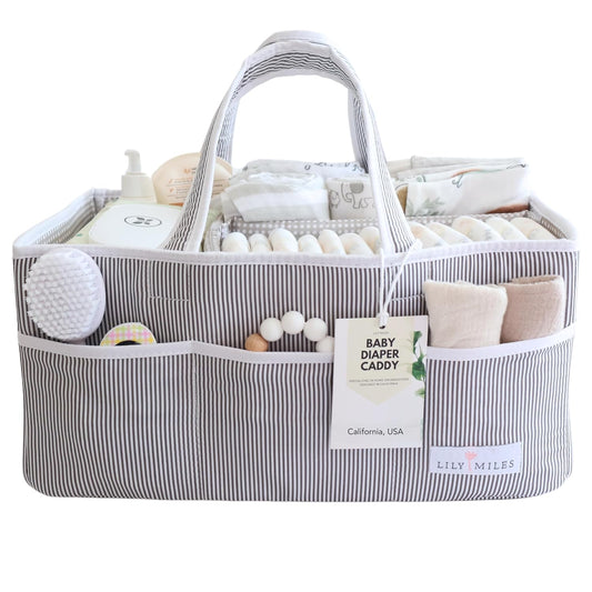 Lily Miles Baby Diaper Caddy Organizer, Baby Shower Basket for Newborn Boys or Girls, Nursery Must Haves for New Mom, Registry Favorites, Large Storage Tote for Changing Table or Car, Gray