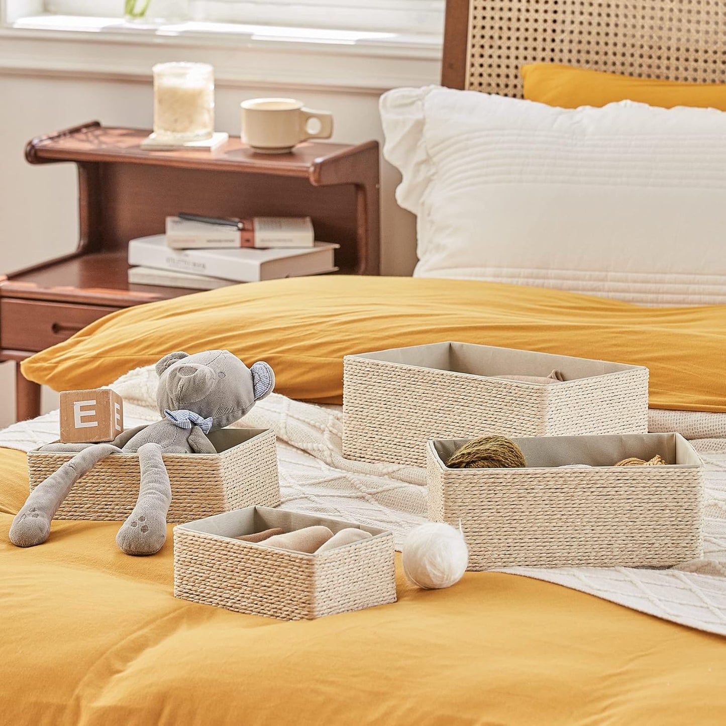 Storage Baskets Set 4 - Stackable Woven Basket Paper Rope Bin, Storage Boxes for Makeup Closet Bathroom Bedroom (Beige)