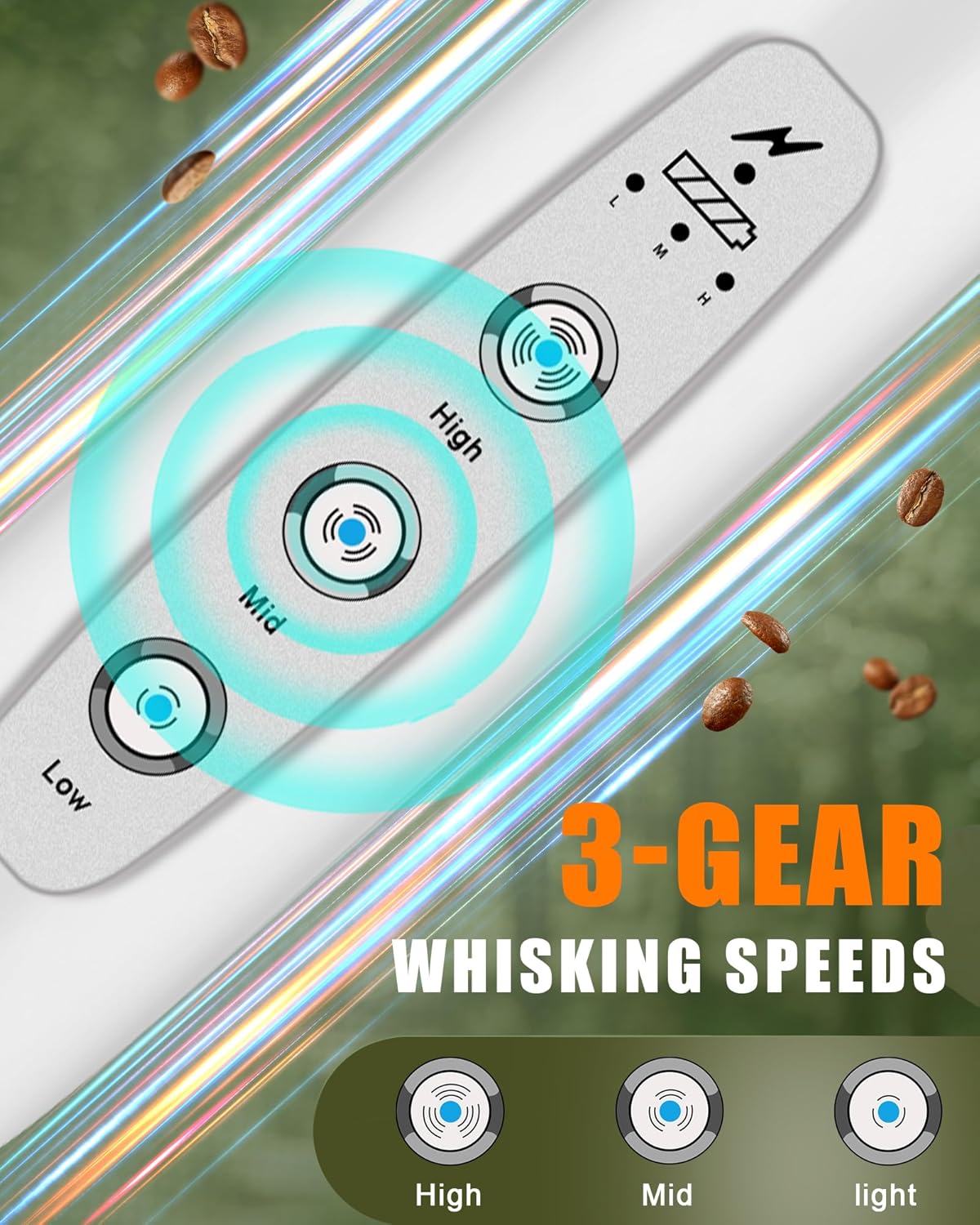 YUSWKO Rechargeable Milk Frother Handheld Frother Wand Drink Mixer for Coffee, Electric Whisk 3 Speed Adjustable, Coffee Foamer Maker with 3 Stainless Whisks Ideal Stirrers for Travel - White