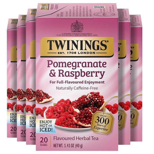 Twinings Pomegranate & Raspberry Herbal Tea Individually Wrapped Bags, 20 Count (Pack of 6), Naturally Caffeine-Free, Enjoy Hot or Iced, 120 Teabags