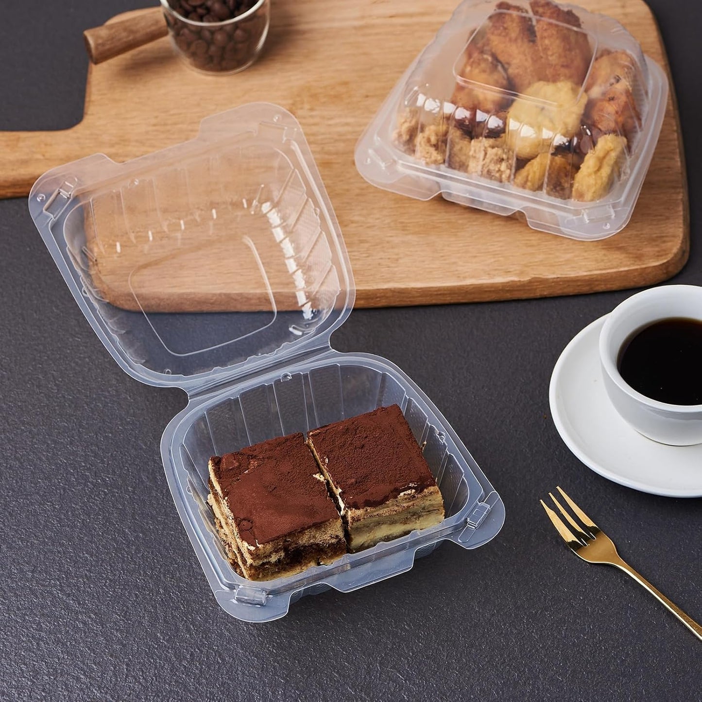 FULING 100 Count Clear Plastic Hinged Food Take Out To-Go Clamshell Containers, 6" W Disposable Takeout Tray for Dessert, Cakes, Cookies, Salads, Pasta, Sandwiches