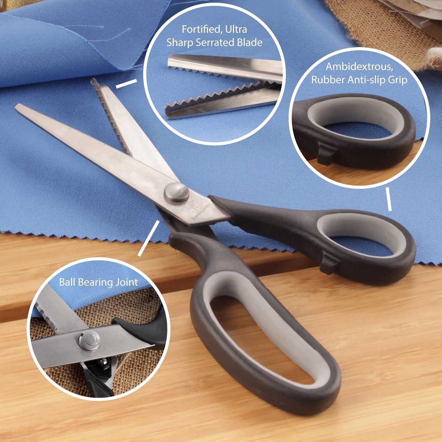 BambooMN Titanium Softgrip Scissors Set - Pinking, Sewing, Arts, Crafts, Office - 3 Sets of 4 - Black w/Grey Inlays