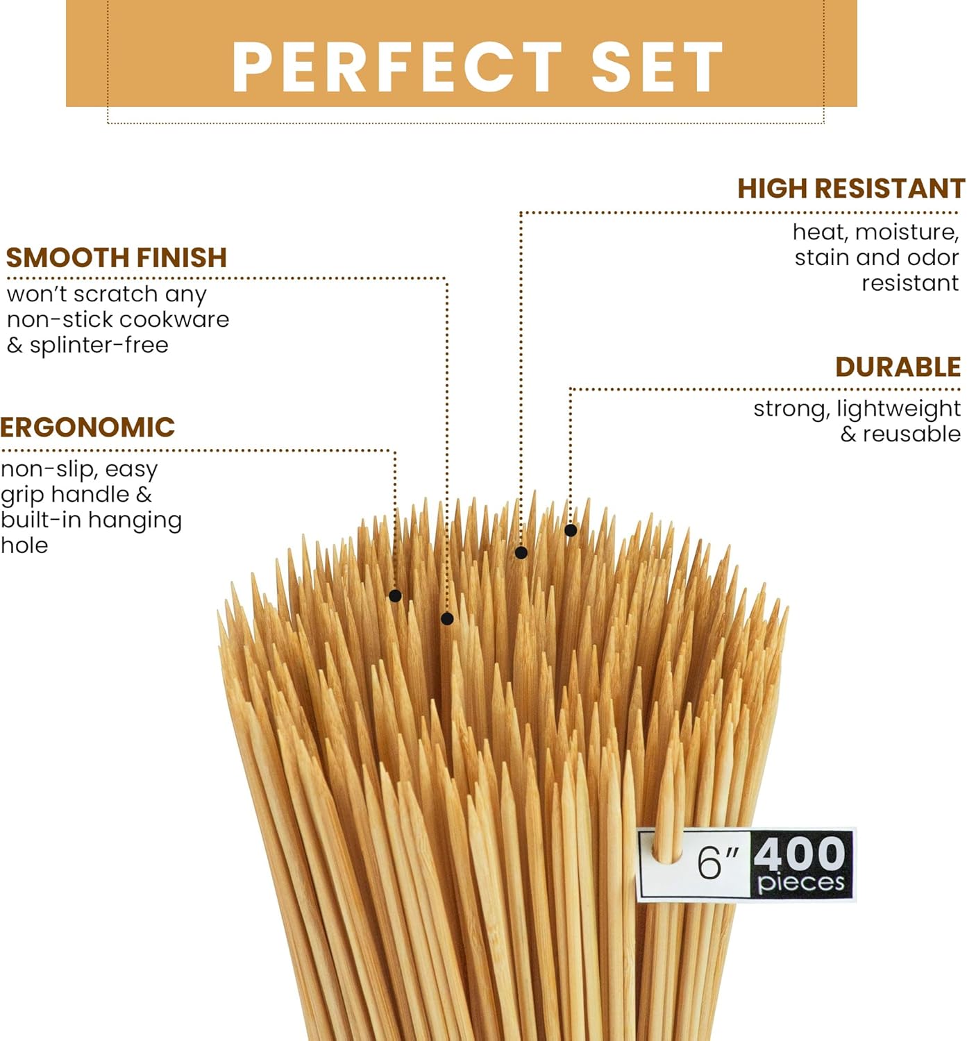 DecorRack Natural Bamboo Skewer Sticks, 400 Pack of 6 inch Organic Wooden Barbecue Kabob Skewers, Best for Grill, BBQ, Kebab, Marshmallow Roasting or Fruit Sticks
