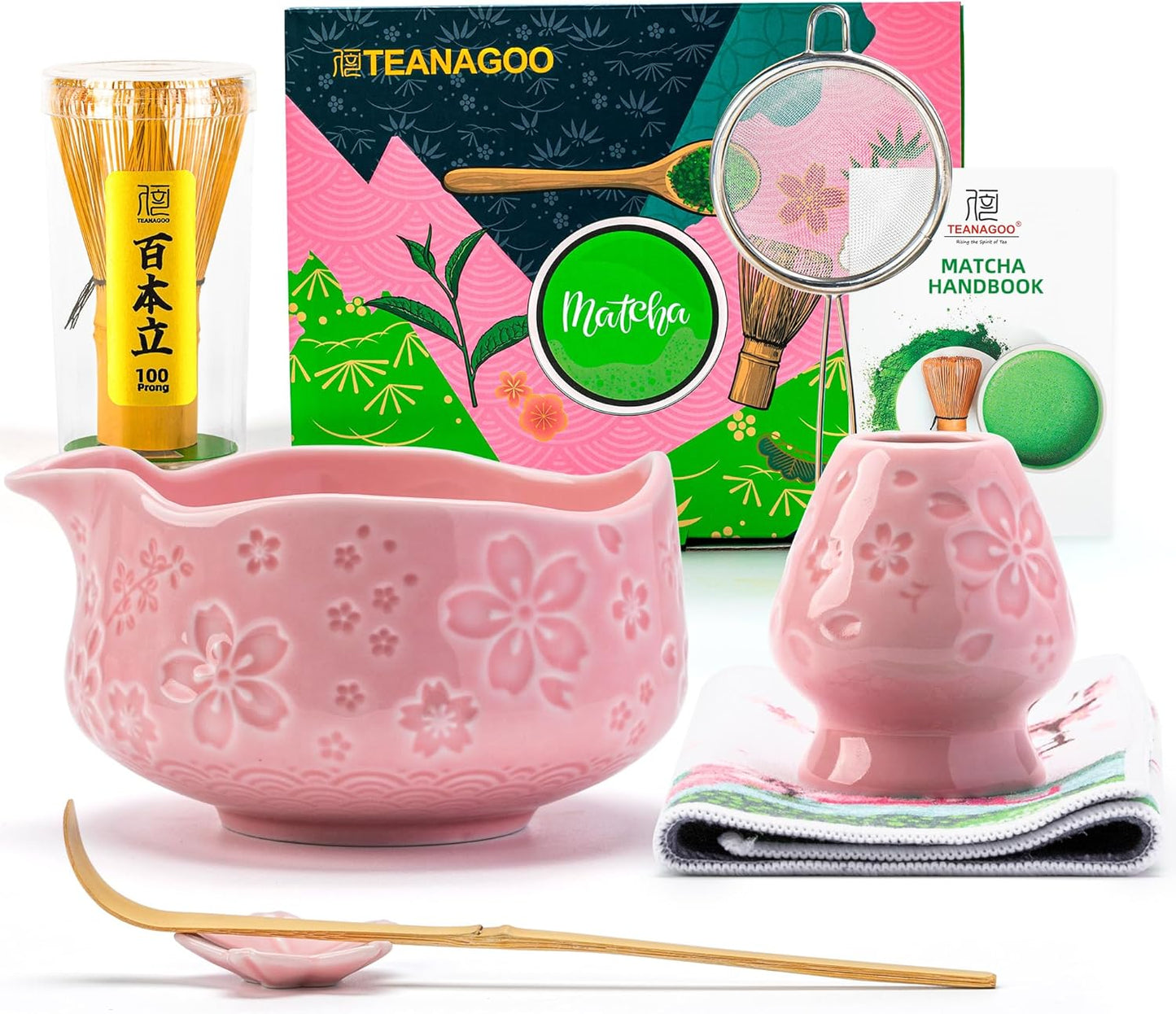 TEANAGOO 7-PCS Pink Matcha Whisk Set with Cherry Blossom Design, Complete Ceremony Kit, Ceramic Chawan Bowl with Spout, Whisk & Accessories, Traditional Matcha Tea Set for Lattes& Gift Giving