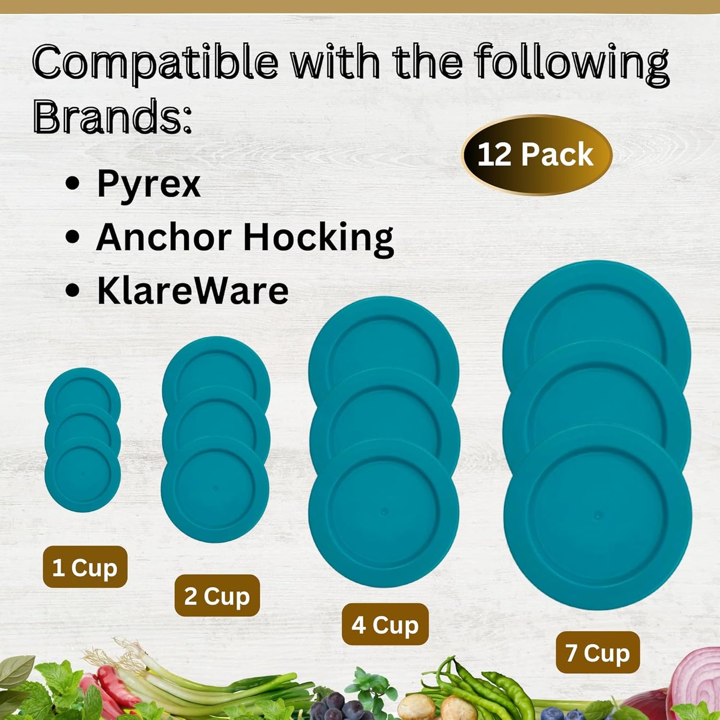 1, 2, 4 & 7 Cup Turquoise Replacement Lids/Covers for Pyrex, Anchor Hocking & KlareWare Storage Bowls *Lids Only Glass Container Not Included* (12 Pack *Three of Each Size*)