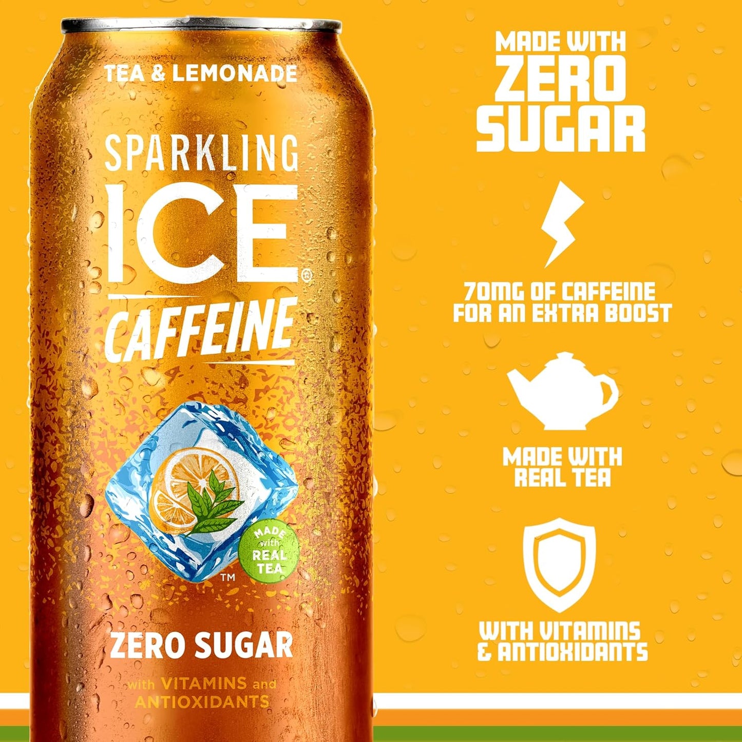 Sparkling Ice Caffeine Tea + Lemonade Sparkling Water with Caffeine, Zero Sugar, with Antioxidants and Vitamins,16 fl oz Cans (Pack Of 12)