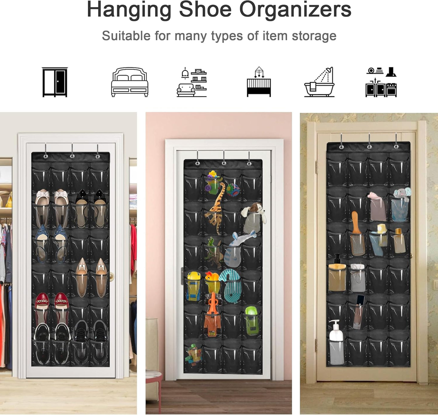 Over The Door Shoe Organizer - Space Saving Shoe Rack for Closet Door with 24 Pockets and Hook, Shoe Holder Back of Door Organizers for Shoes, Hanging Shoe Organizer (Black)